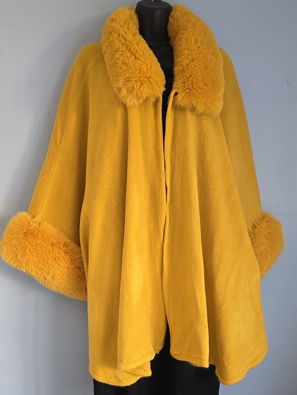 Pinklicious Mustard Knit Faux Fur Trim Poncho One Size          #X